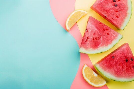 Slices of watermelon and lemon artistically placed on a pastel wavy background, evoking a fresh and delightful summer feeling with colorful and refreshing vibes.