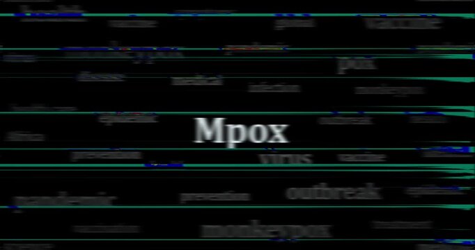 Mpox monkeypox epidemic headline news across international media. Abstract concept of news titles on noise displays loop. TV glitch effect seamless looped.