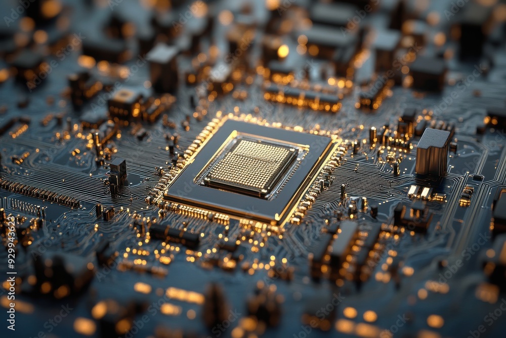 Poster intricate nanotech circuitry on a microchip, showcasing advanced technology with complex designs, hi