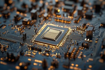 Intricate Nanotech Circuitry on a Microchip, showcasing advanced technology with complex designs, highlighting precision engineering and innovation in modern electronics.