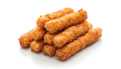Pile of tasty fried mozzarella sticks isolated on white, top view