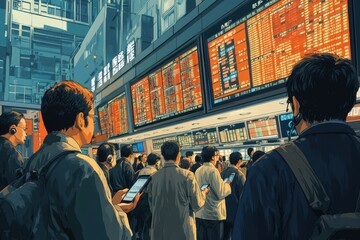 Fototapeta premium Japanese Stock Market Turmoil, a vibrant scene of frantic traders responding to a sharp drop in the TOPIX index, large screens flashing red, phones ringing, urgency palpable in a modern trading floor
