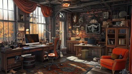 Naklejka premium A cluttered home office with a large desk, a red armchair, and an old-fashioned bookcase.