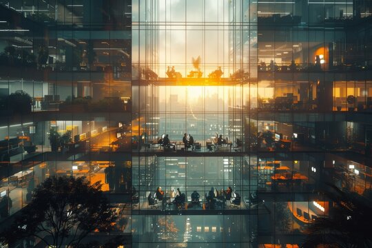 The interior of a multistory office building is shown, with warm lighting and a cozy atmosphere where employees collaborate and innovate, highlighting modern corporate life.