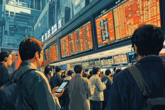 Japanese Stock Market Turmoil, a vibrant scene of frantic traders responding to a sharp drop in the TOPIX index, large screens flashing red, phones ringing, urgency palpable in a modern trading floor