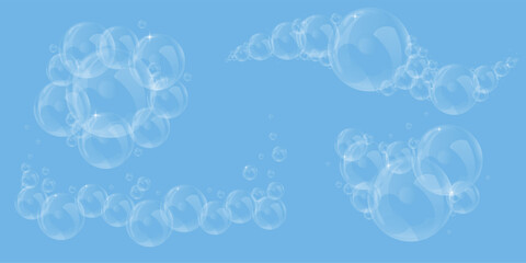 Vector soap bubble. Realistic soap bubble, glare. Foam bubbles. Powder and soap, detergent.
