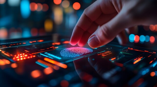 Close-up of digital wallet with fingerprint scanner, highlighting the use of biometrics for secure access, Wallet fingerprint scanner, Biometric digital finance