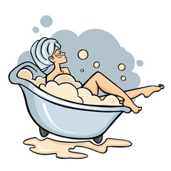 Woman taking a bath, relax, color illustration