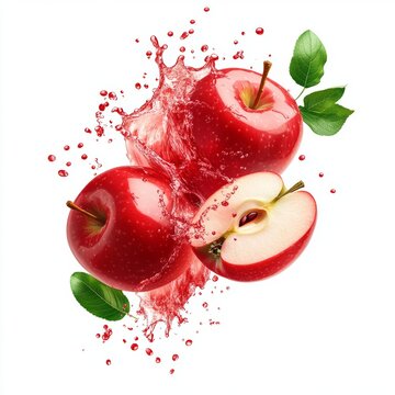 Falling red apples on transparent background with splashes of water