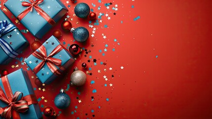 Obraz premium Christmas Gifts and Decorations on Red Background