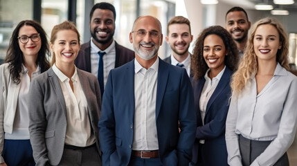 A diverse group of businesspeople standing together in an office, smiling and looking at the camera with confidence and joy, representing unity among different age groups. 