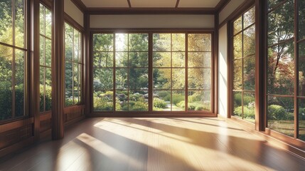 Fototapeta premium Sunlight streaming through large windows in a modern, wood-paneled room with hardwood floors.
