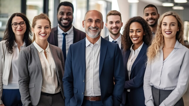 A diverse group of businesspeople standing together in an office, smiling and looking at the camera with confidence and joy, representing unity among different age groups. 