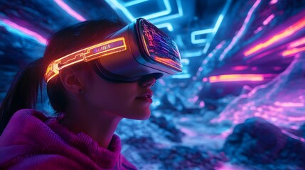 Woman Exploring Virtual Reality with Neon Lights