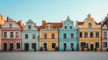 Naklejka premium Colorful painted architecture buildings in a historic European town city Old medieval street No people Tourism destination Traditional village Old residential apartments Exterior design Vintage house