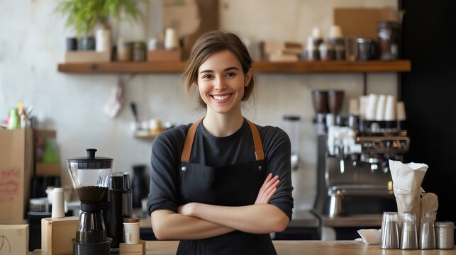 Woman bartender waitress standing with crossed arms, smiling at a cafe bar Employee working job Business owner Happy female barista Drink serving Restaurant startup Local shop Coffee espresso Apron