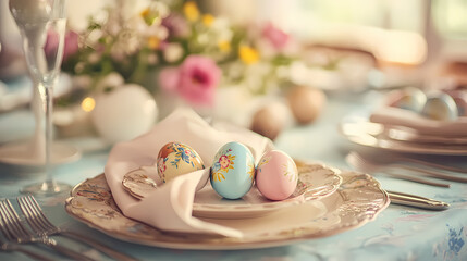 A soft-focus image of an Easter table setting, complete with vintage porcelain plates, pastel-colored napkins, and hand-painted Easter eggs as centerpieces