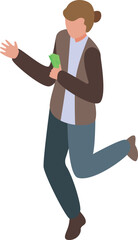 Young man is running and holding money in his hand