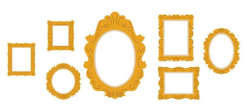 Victorian-style frames set. Antique vintage picture and mirror borders, decorative baguettes. Golden carved design