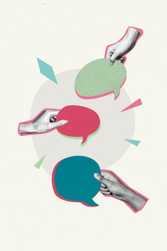 Vertical photo collage of hands hold text bubble communication dialogue discussion exchange comments isolated on painted background