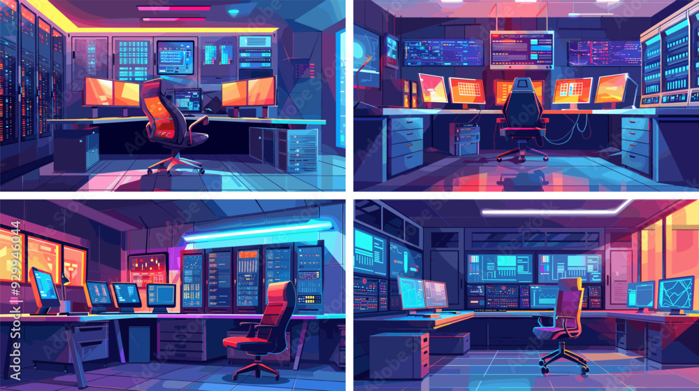 Aufkleber server room cartoon vector concepts. screen seat monitor desk chair racks cables data center compute