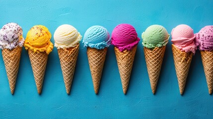 Row of colorful ice cream cones on vibrant blue background, showcasing a variety of delicious flavors