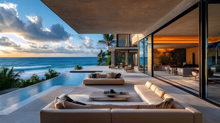 Modern living room of ocean front house. Contemporary beachfront home with luxury interior, stylish furniture, clean line design, open spaces and panoramic ocean views, elegant and trendy architecture