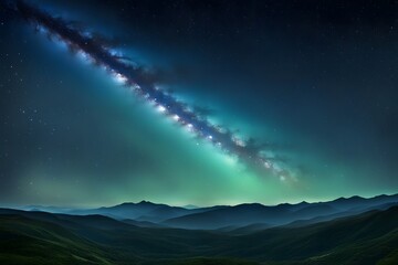 Fototapeta premium A distant galaxy with a mix of cool blues and greens set against the backdrop of a starry night sky, AI Generated