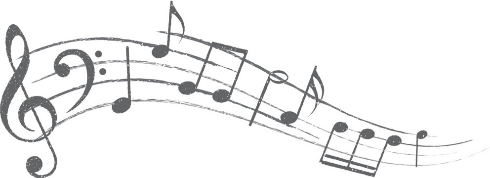 Musical notes. Treble clef on sheet music. Musical note icons in grunge style.