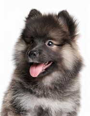 笑顔のキースホンドの子犬のポートレート（Portrait of a smiling Keeshond puppy on white background）
