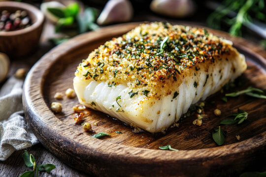 Herb-Crusted Baked Cod on a Rustic Wooden Plate
