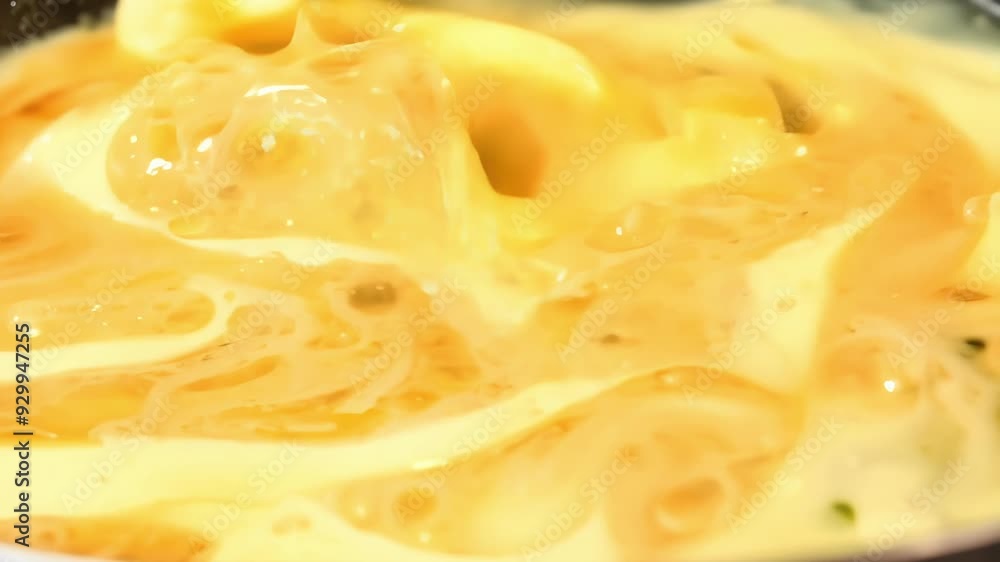 Poster golden liquid is being poured into a creamy base, creating a mesmerizing swirl of colors and texture