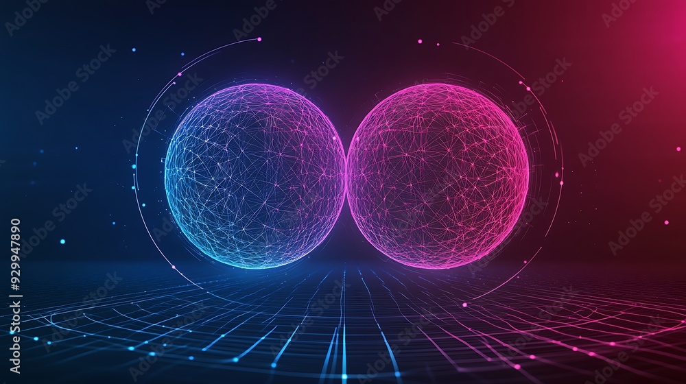 Aufkleber two glowing orbs of interconnected lines in a dark blue space with a grid below.