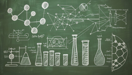 A green chalkboard covered with various drawings like schematic diagrams and circles