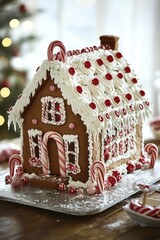Gingerbread House Decorated with Candy Canes and Red Candies