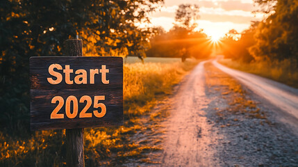 A rustic wooden sign displaying Start 2025 on a tranquil country road during sunset, with warm hues of the setting sun illuminating the scene
