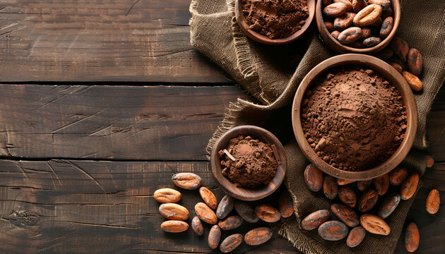 Composition with cocoa beans and powder on wooden table
