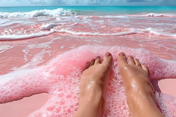Fototapeta premium Relaxing Beach Vacation with Bare Feet on Pink Sand and Scenic Ocean Waves for Poster or Card Design
