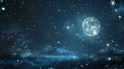 Fototapeta premium Christmas Night Sky. A starry night sky with a full moon and snowflakes