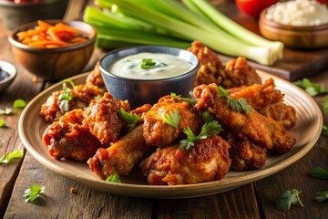 Fototapeta premium CrispyChickenWingsBlueCheeseHotSauceCelery