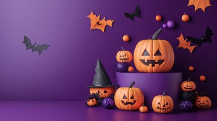 Realistic 3d design stage podium,Halloween banner with Jack-o-Lantern pumpkins,illustration for the design of postcards, invitations and Halloween Elements,Website spooky,Background,template.