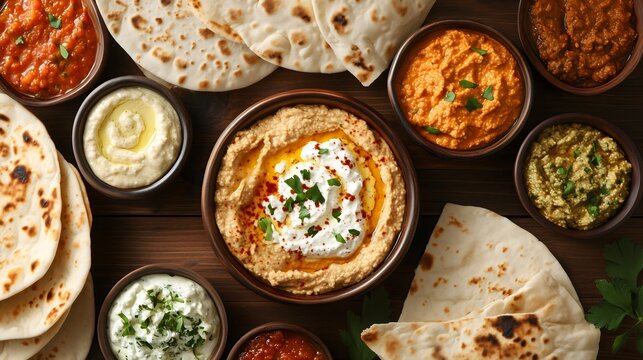 Middle Eastern Mediterranean traditional lunch spread Hummus olive oil Dip Flatbread Vegetarian food Bowl with creamy tzatziki sauce Parsley Chickpeas Delicious appetizer Fresh pita Wooden table 