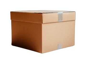 Closed cardboard box with taped cross on top, isolated on black. Ideal for themes of secure storage, efficient packing, and moving. Fits use in logistics, e-commerce, and retail packaging sectors