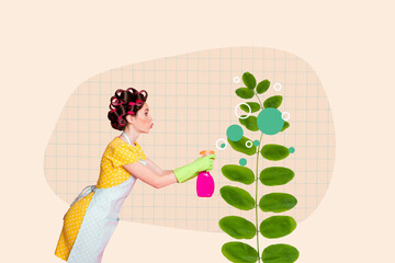 Composite trend artwork image collage of housewife pinup style hairdo young lady hand hold watering...