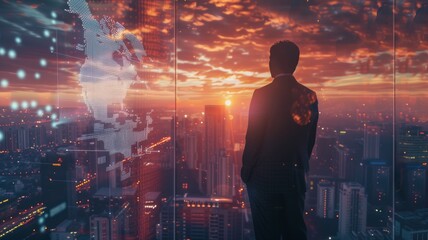 Side view of a thoughtful businessman standing on the rooftop of a skyscraper looking over the big city at sunset with a world map hologram projection. Cryptocurrency concept. Double exposure.