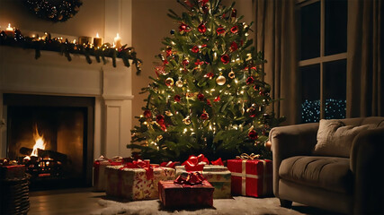 Fototapeta premium interior christmas. magic glowing tree, fireplace, gifts in dark, Christmas interior with fireplace