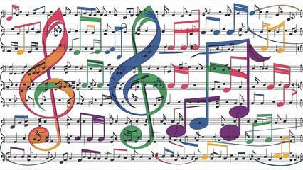 olorful Musical Notes Pattern on Sheet Music Background