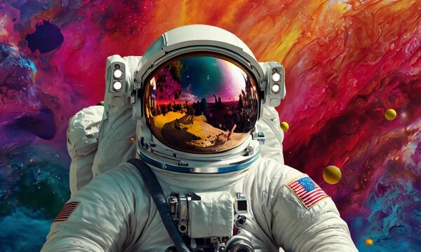 Astronaut in a Surreal Galaxy of Colorful Bubbles on Alien Planet, AI-Generated Vidios