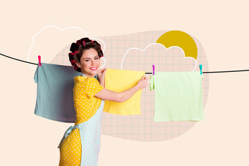 Composite trend artwork collage of housewife pinup style hairdo young lady hand hold wet clothes...