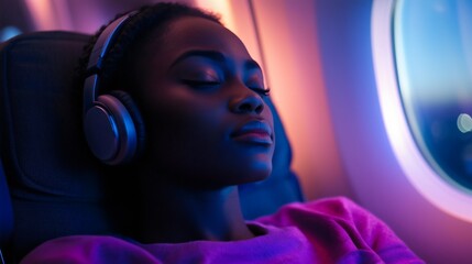 African American black tired woman sleeping in an airplane wearing headphones Female passenger touri stnap Business trip Travel flight Music Comfortable seat Vacation rest Holiday journey Neon light